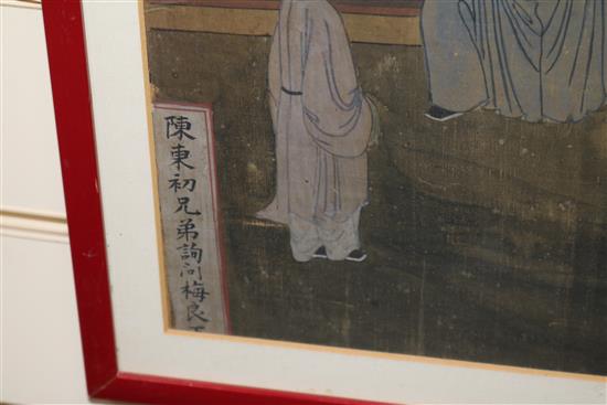 Chinese School, pair of watercolours on silk, Interior scenes, 36 x 32cm